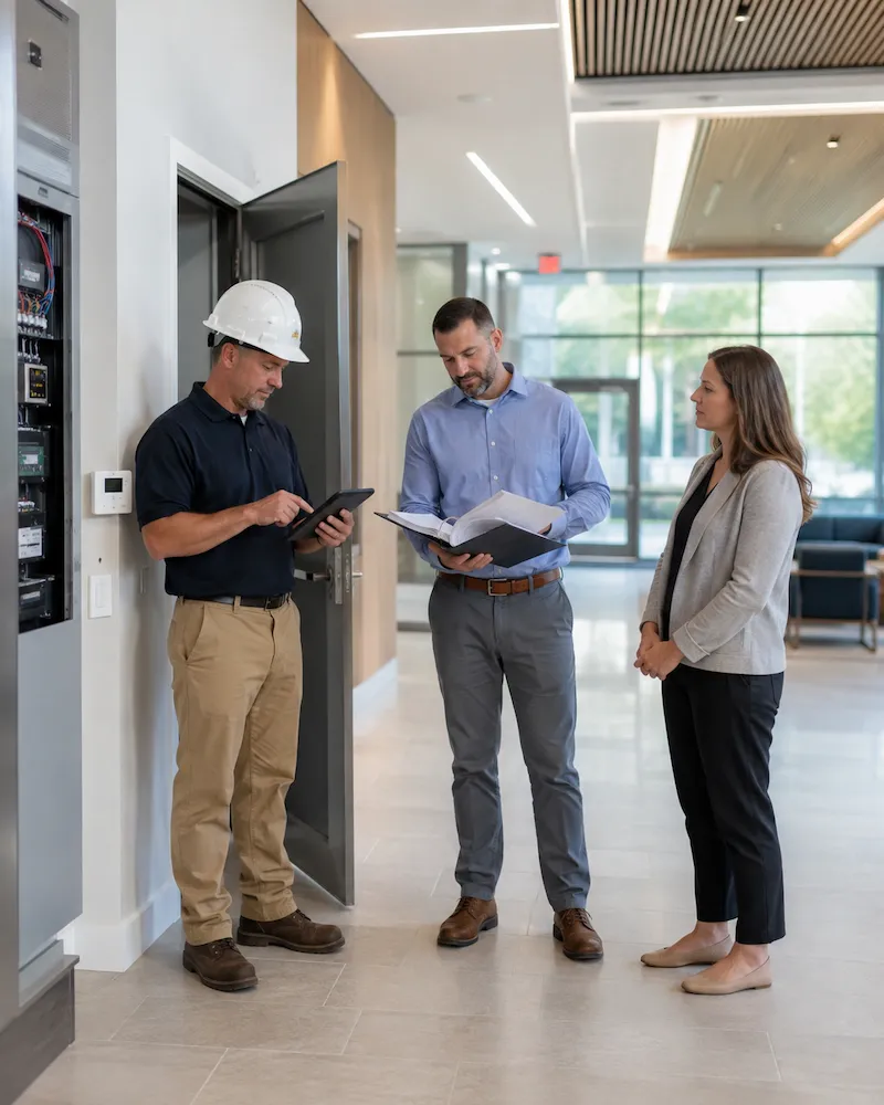 Engineer verifying building systems during project commissioning and closeout
