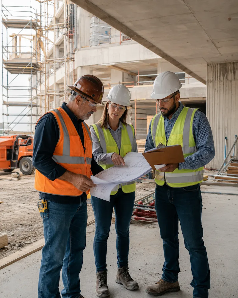 Engineers reviewing construction drawings during an on-site project review