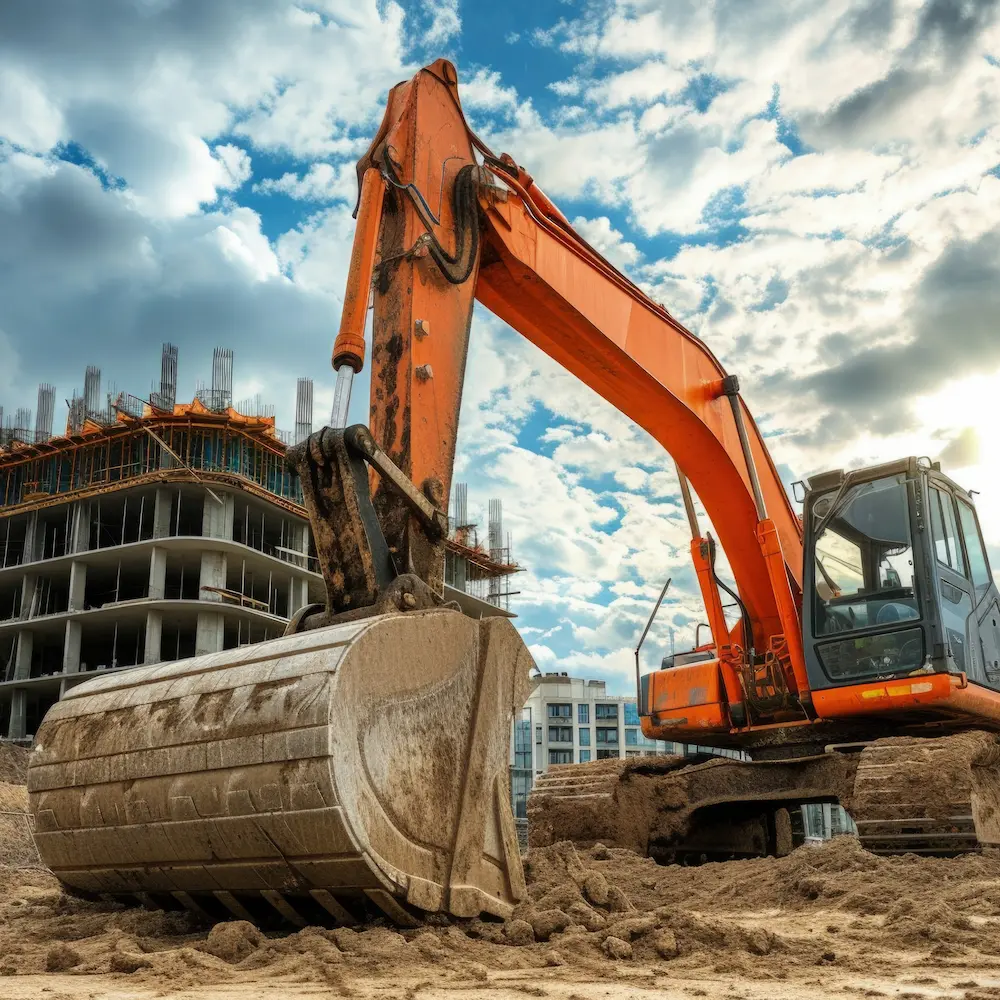 Excavator at an active multi-storey building construction site