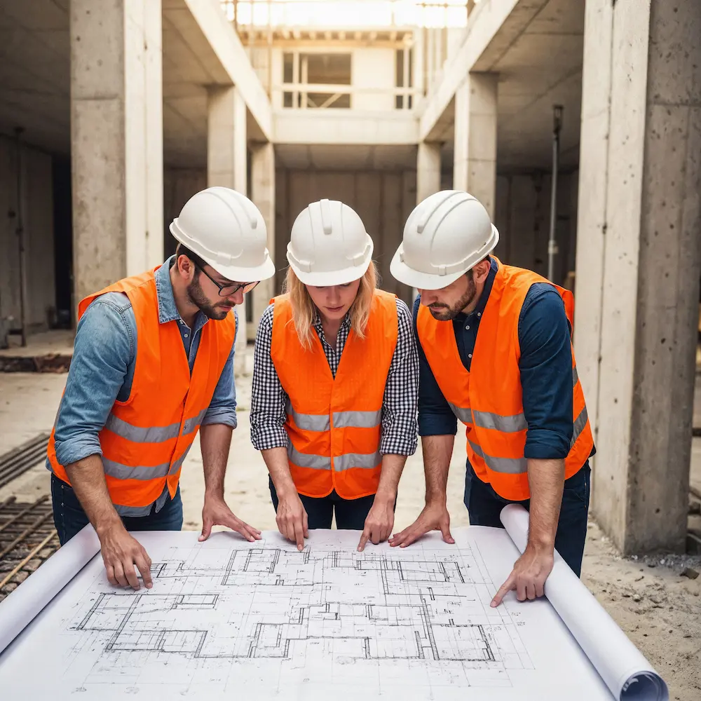 Engineering team reviewing architectural and construction drawings on site