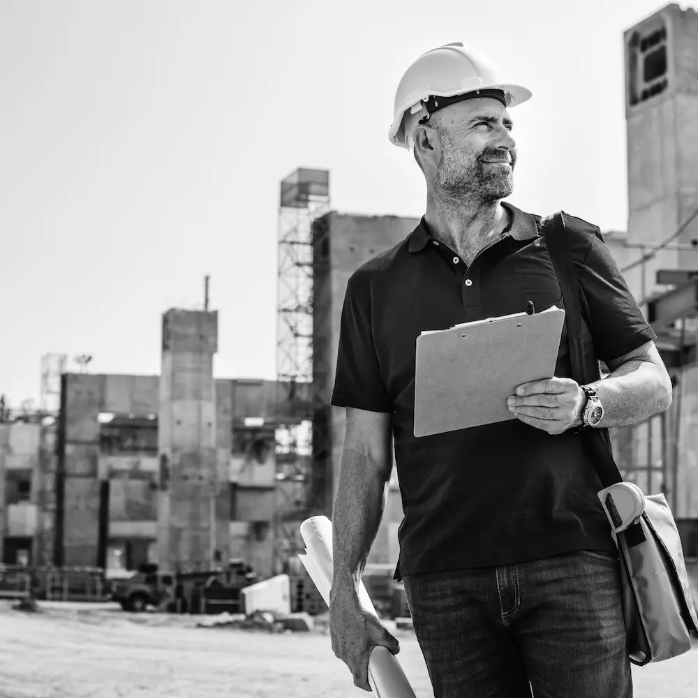 Engineer conducting a site review during building construction