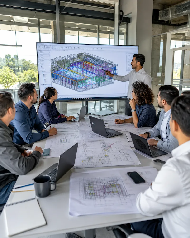 Multidisciplinary engineers coordinating structural, mechanical and electrical building systems