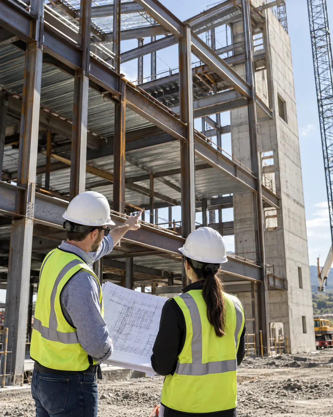 Engineering team reviewing structural drawings and building plans - Roskani Engineering