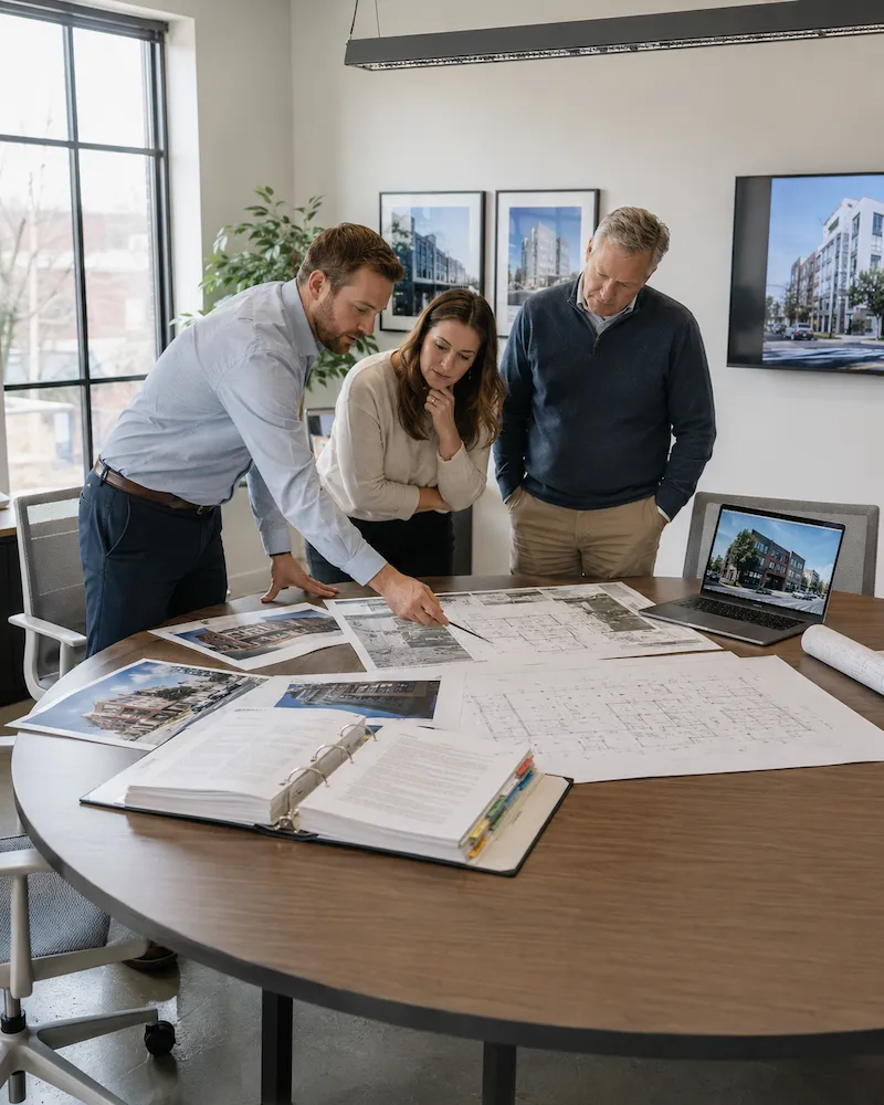 Roskani engineering team reviewing project requirements, drawings and existing conditions